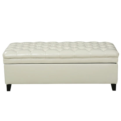 Benjara Rhya Storage Ottoman Bench, Ivory Faux Leather, Brown Wood, 50 Inch