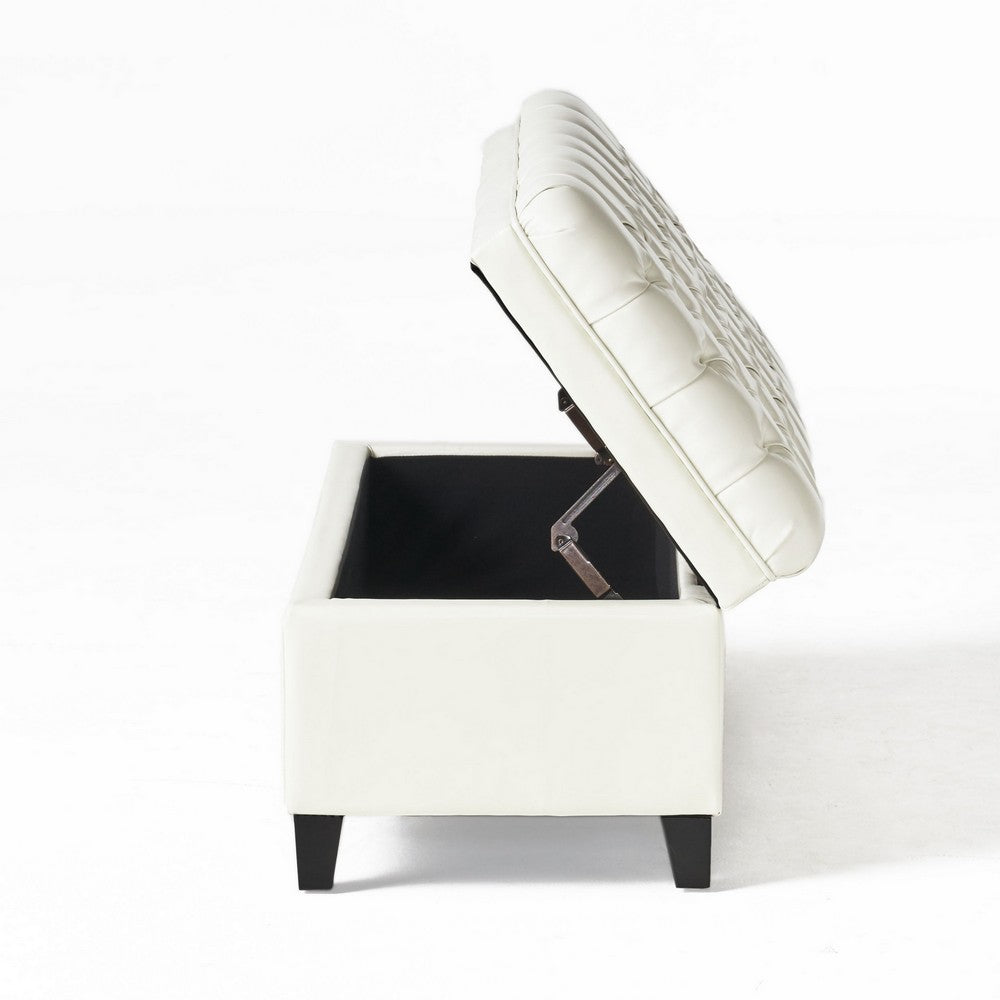 Benjara Rhya Storage Ottoman Bench, Ivory Faux Leather, Brown Wood, 50 Inch