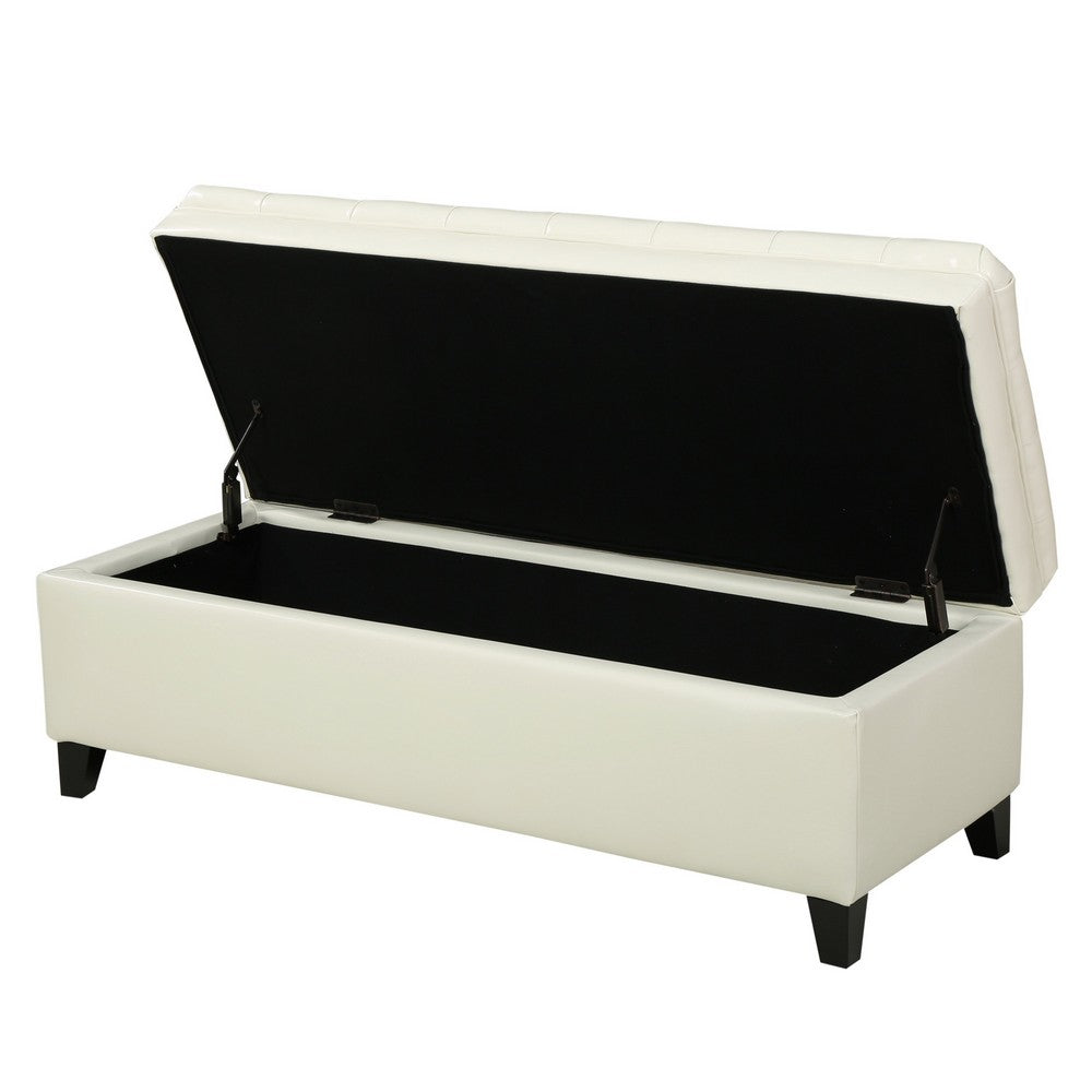 Benjara Rhya Storage Ottoman Bench, Ivory Faux Leather, Brown Wood, 50 Inch