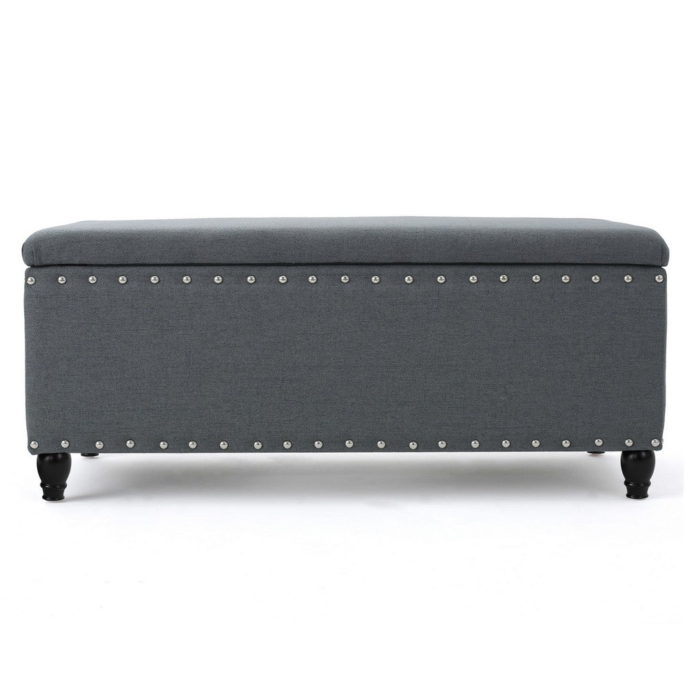 Benjara Sharon Storage Ottoman Bench, Dark Gray Fabric, Nailhead Trim, 42 Inch