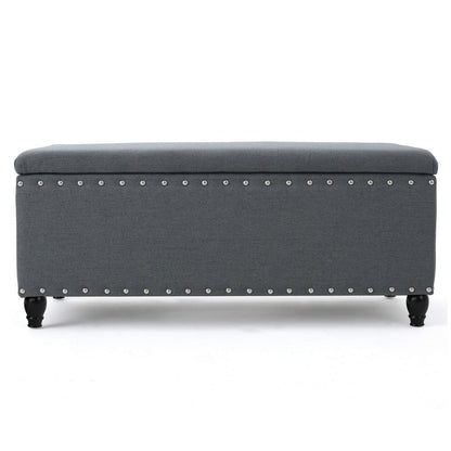 Benjara Sharon Storage Ottoman Bench, Dark Gray Fabric, Nailhead Trim, 42 Inch