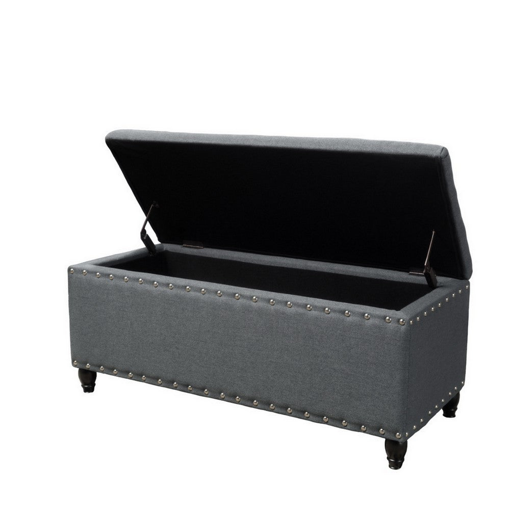 Benjara Sharon Storage Ottoman Bench, Dark Gray Fabric, Nailhead Trim, 42 Inch
