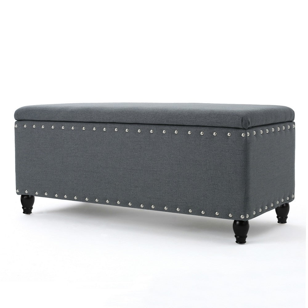 Benjara Sharon Storage Ottoman Bench, Dark Gray Fabric, Nailhead Trim, 42 Inch