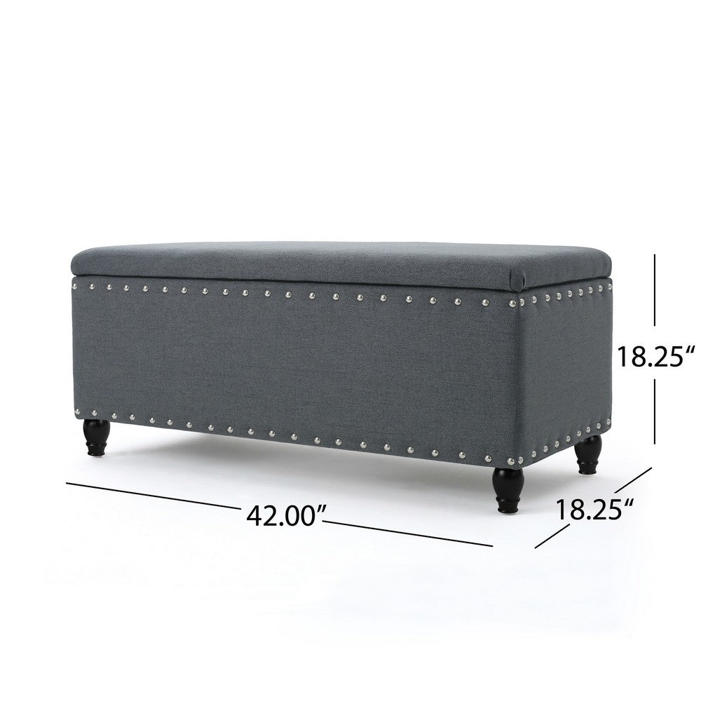 Benjara Sharon Storage Ottoman Bench, Dark Gray Fabric, Nailhead Trim, 42 Inch