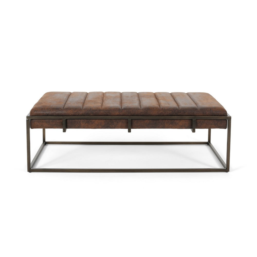 Benjara Shami Ottoman Bench, Brown Velvet Stitch Tufting, Gold Iron, 49 Inch