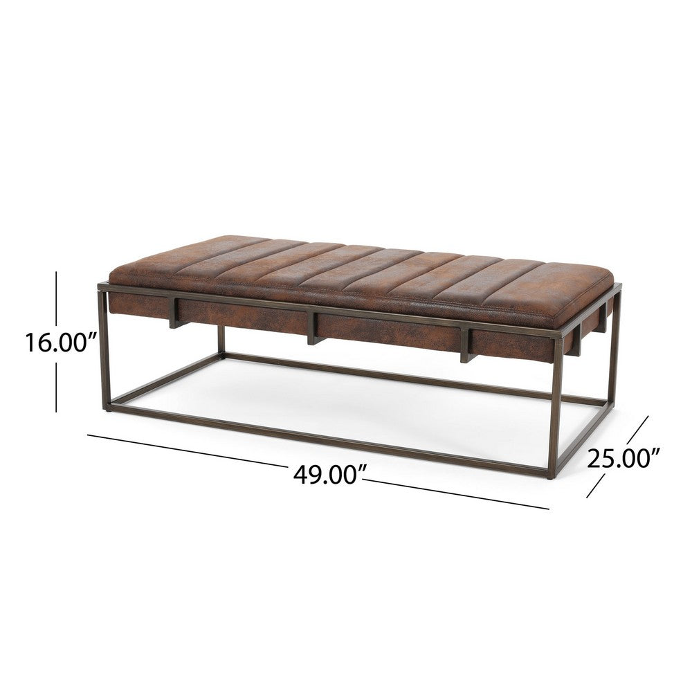 Benjara Shami Ottoman Bench, Brown Velvet Stitch Tufting, Gold Iron, 49 Inch