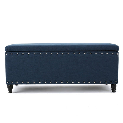 Benjara Sharon Storage Ottoman Bench, Navy Blue Fabric, Nailhead Trim, 42 Inch