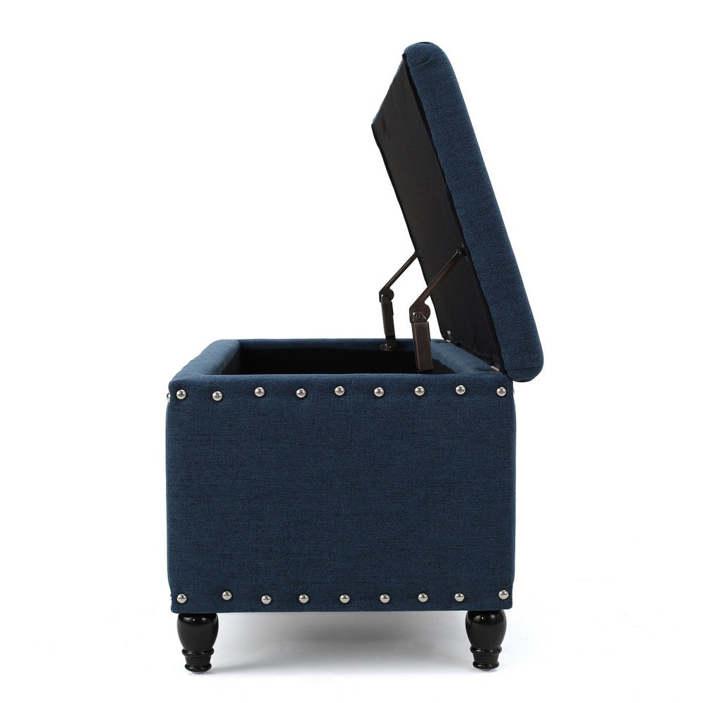 Benjara Sharon Storage Ottoman Bench, Navy Blue Fabric, Nailhead Trim, 42 Inch