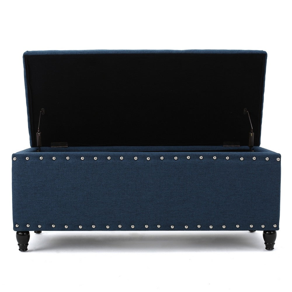Benjara Sharon Storage Ottoman Bench, Navy Blue Fabric, Nailhead Trim, 42 Inch