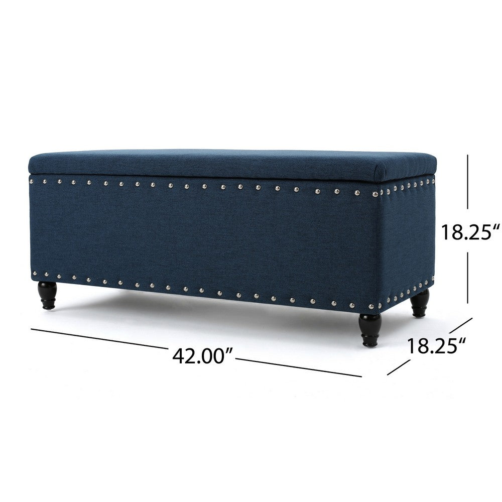 Benjara Sharon Storage Ottoman Bench, Navy Blue Fabric, Nailhead Trim, 42 Inch