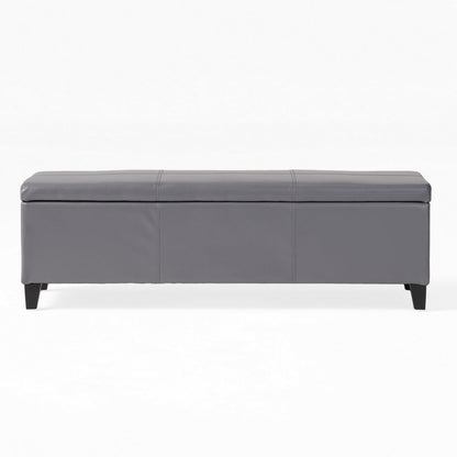 Benjara Elias Storage Ottoman Bench, Gray Faux Leather, Stitch Detail, 51 Inch
