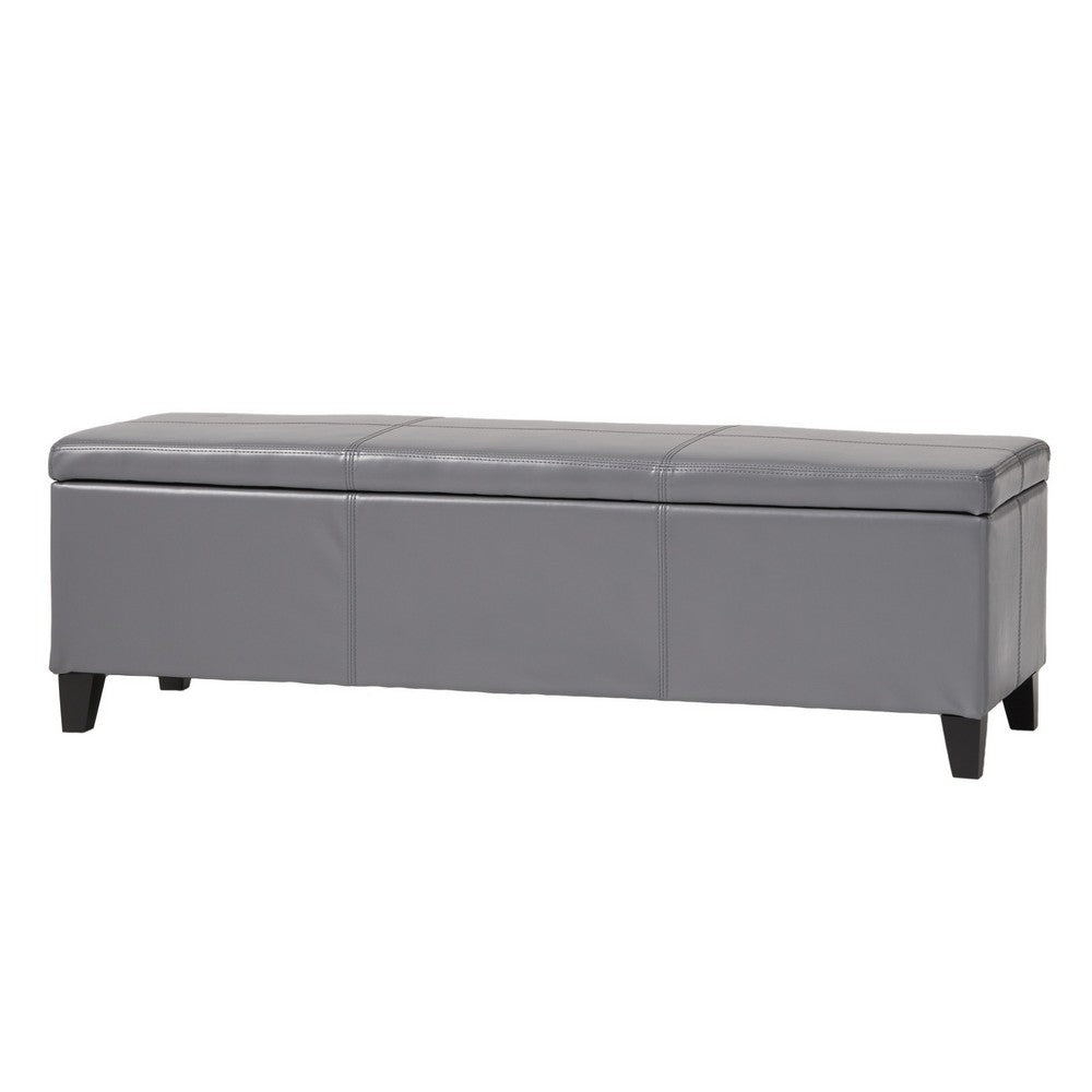 Benjara Elias Storage Ottoman Bench, Gray Faux Leather, Stitch Detail, 51 Inch