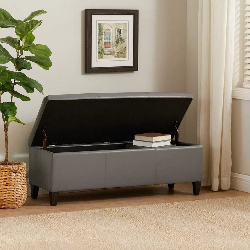Benjara Elias Storage Ottoman Bench, Gray Faux Leather, Stitch Detail, 51 Inch