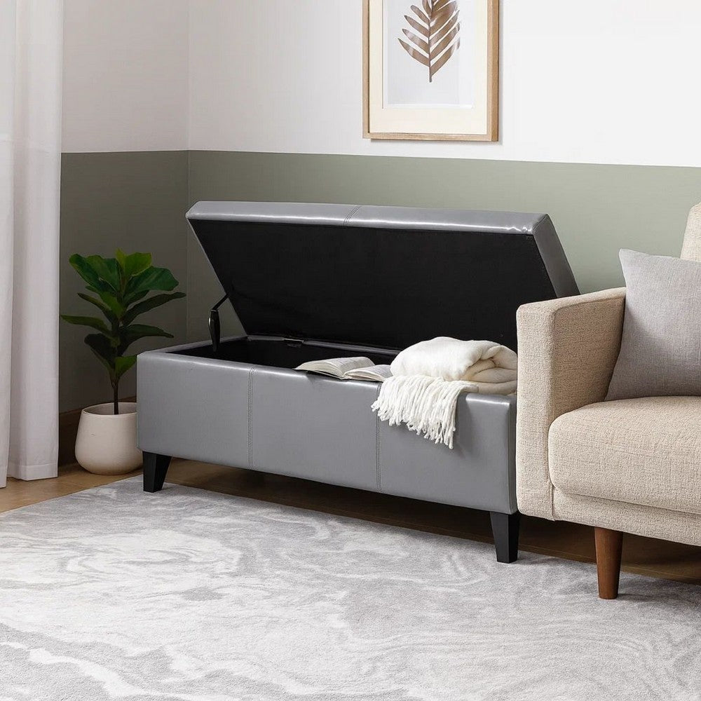 Benjara Elias Storage Ottoman Bench, Gray Faux Leather, Stitch Detail, 51 Inch