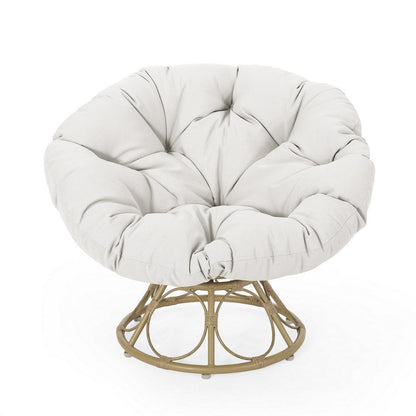 Benjara Leos Swivel Outdoor Chair, Soft Gray Polyester Cushion, Brown Rattan