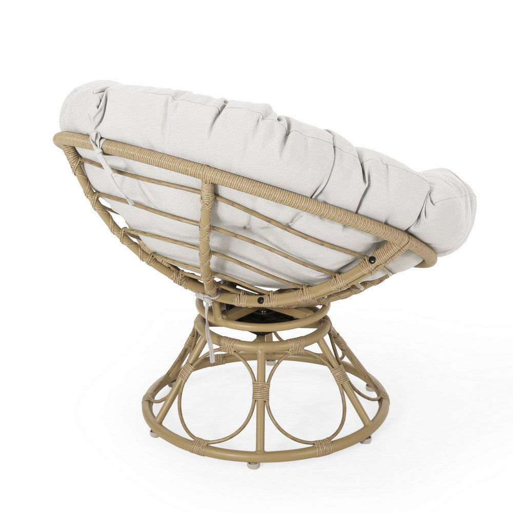 Benjara Leos Swivel Outdoor Chair, Soft Gray Polyester Cushion, Brown Rattan