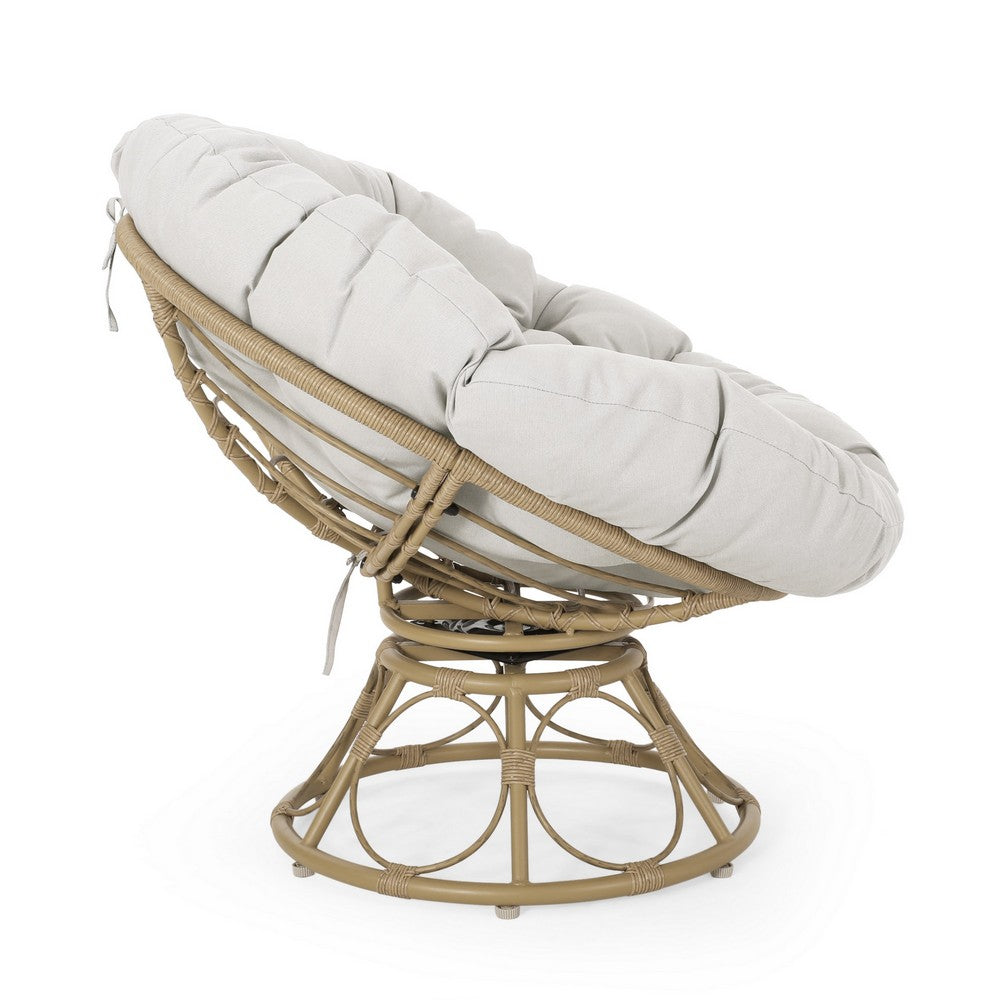 Benjara Leos Swivel Outdoor Chair, Soft Gray Polyester Cushion, Brown Rattan