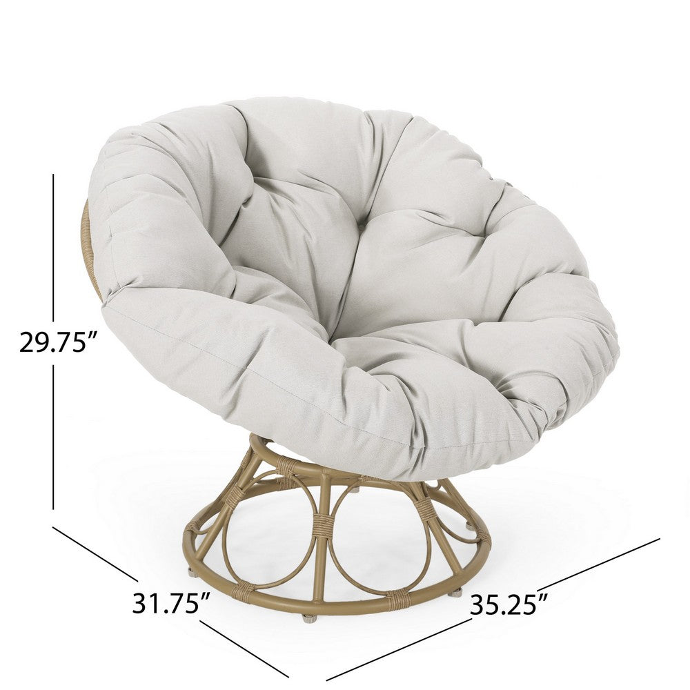 Benjara Leos Swivel Outdoor Chair, Soft Gray Polyester Cushion, Brown Rattan