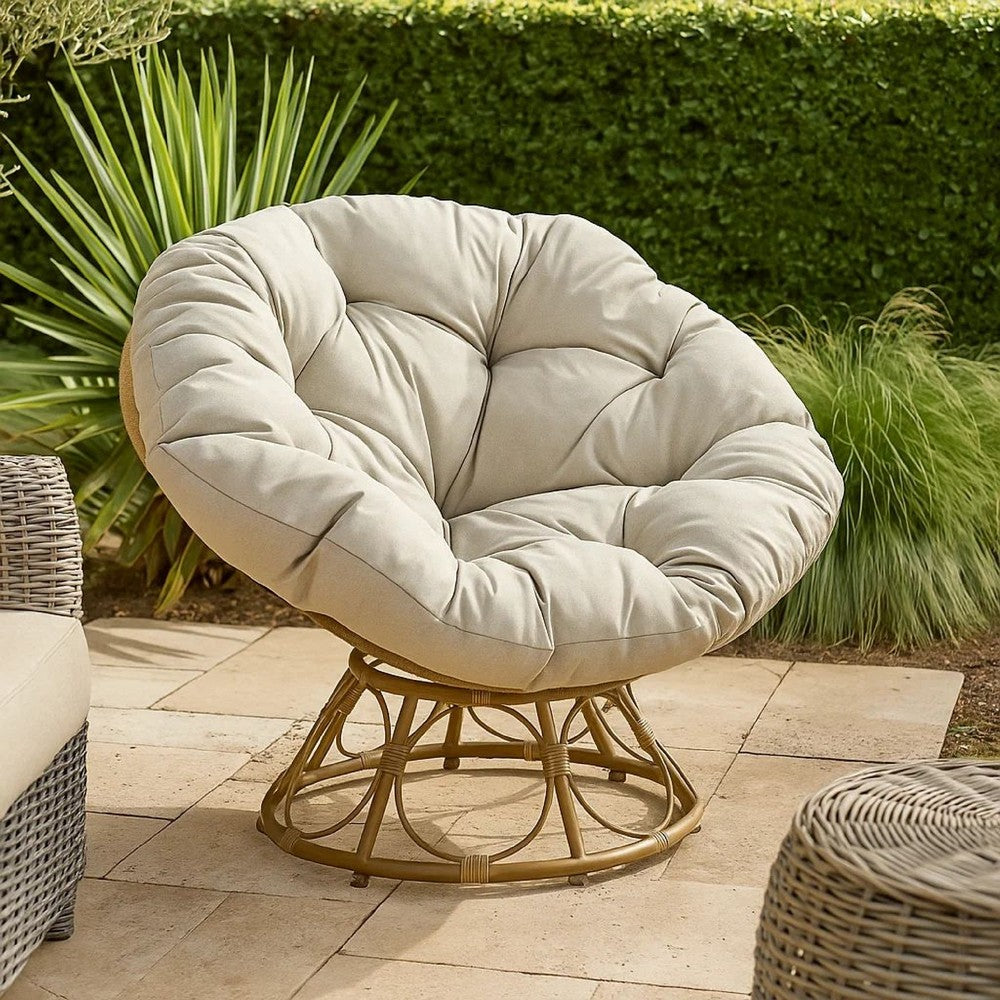 Benjara Leos Swivel Outdoor Chair, Soft Gray Polyester Cushion, Brown Rattan