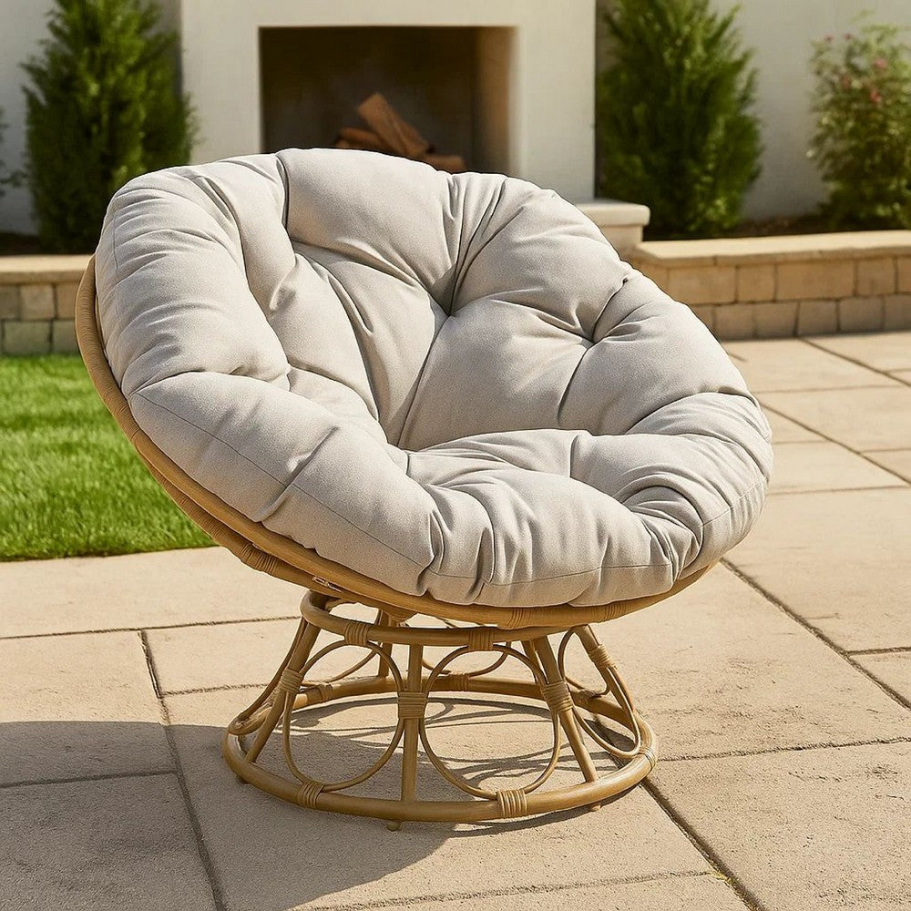 Benjara Leos Swivel Outdoor Chair, Soft Gray Polyester Cushion, Brown Rattan