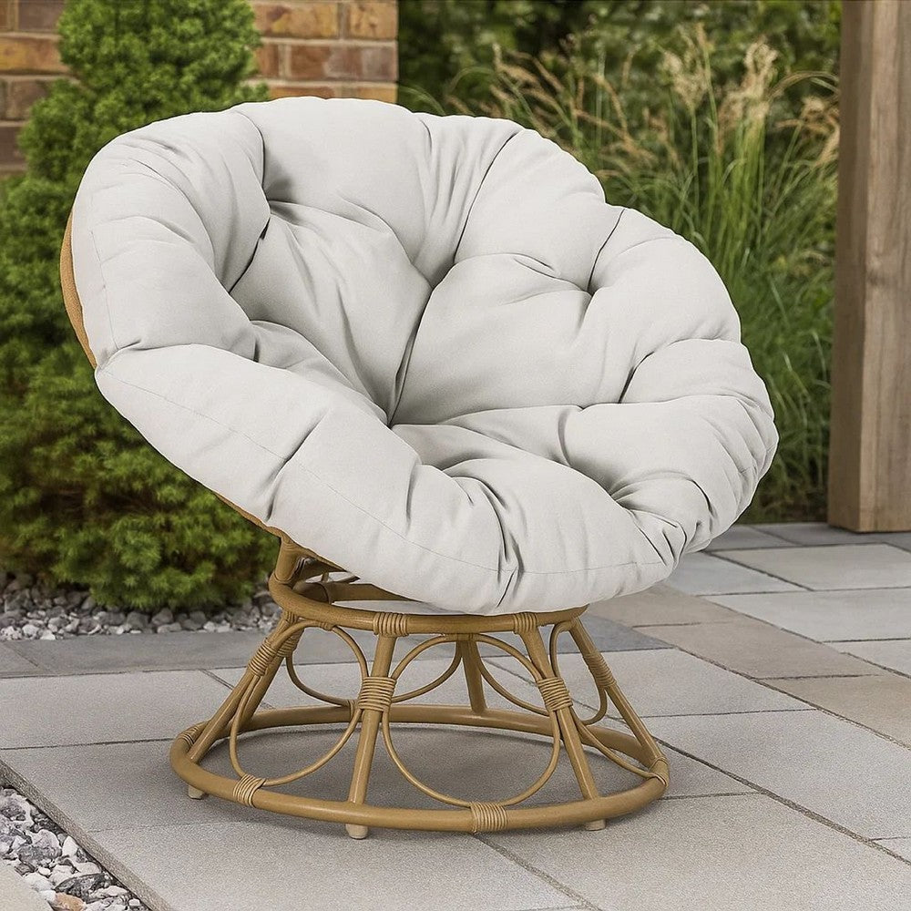 Benjara Leos Swivel Outdoor Chair, Soft Gray Polyester Cushion, Brown Rattan