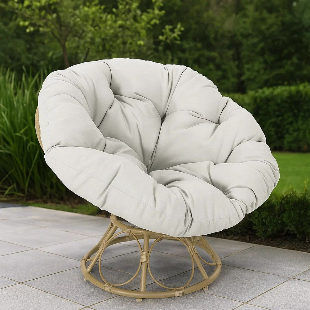Benjara Leos Swivel Outdoor Chair, Soft Gray Polyester Cushion, Brown Rattan