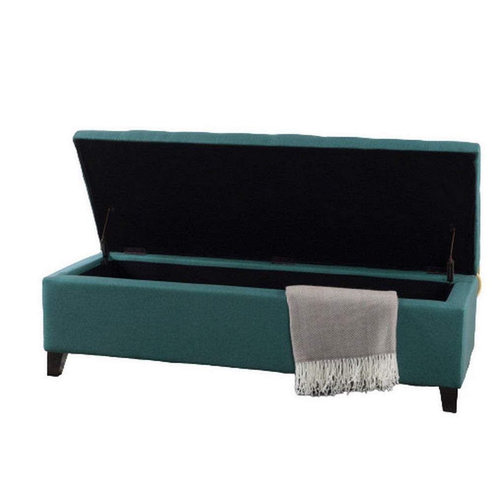 Benjara Nira Storage Ottoman Bench, Button Tufted Teal Blue Fabric, 51 Inch