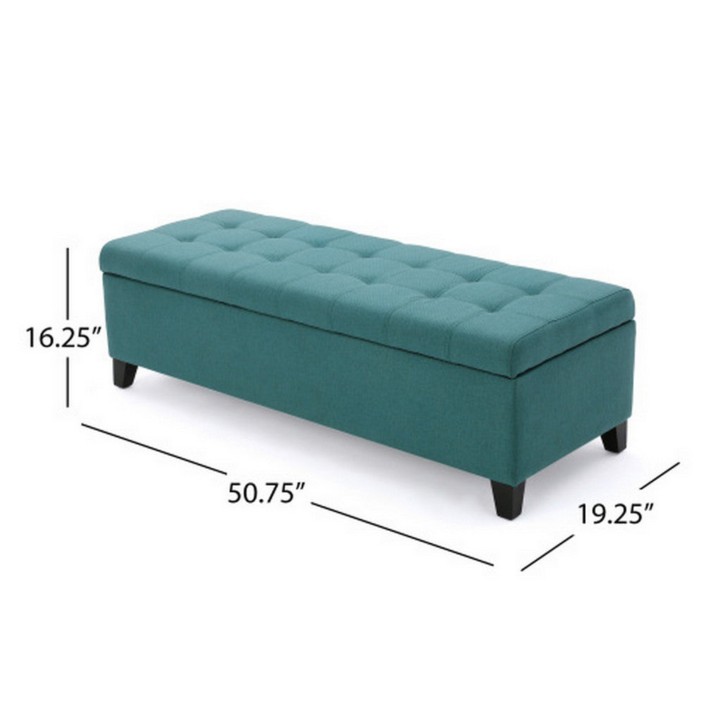 Benjara Nira Storage Ottoman Bench, Button Tufted Teal Blue Fabric, 51 Inch