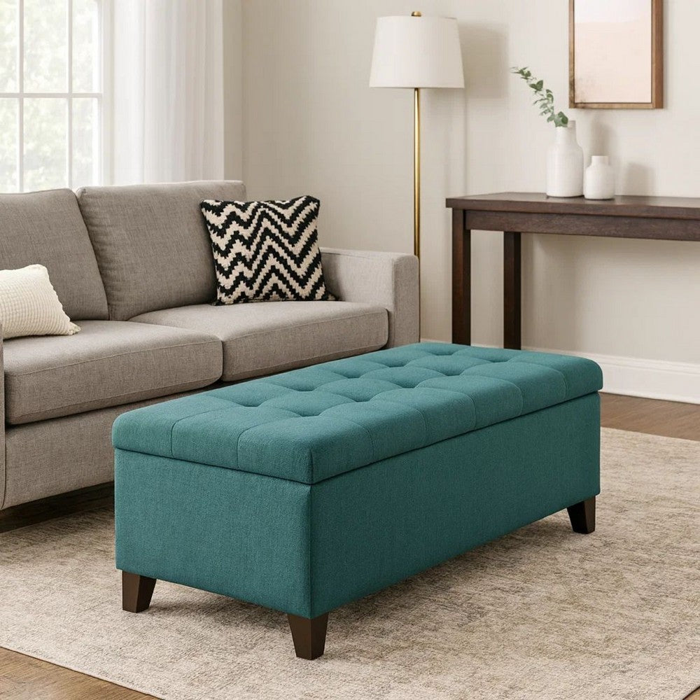Benjara Nira Storage Ottoman Bench, Button Tufted Teal Blue Fabric, 51 Inch