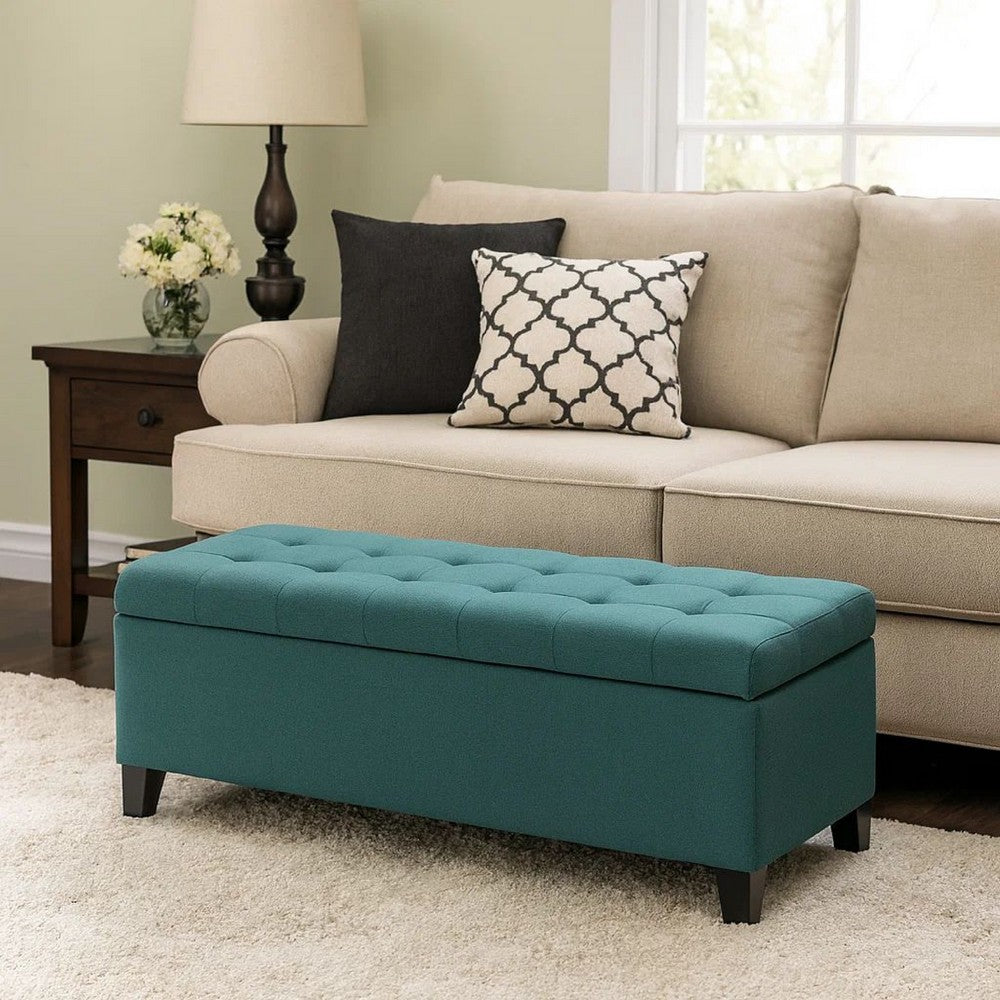 Benjara Nira Storage Ottoman Bench, Button Tufted Teal Blue Fabric, 51 Inch