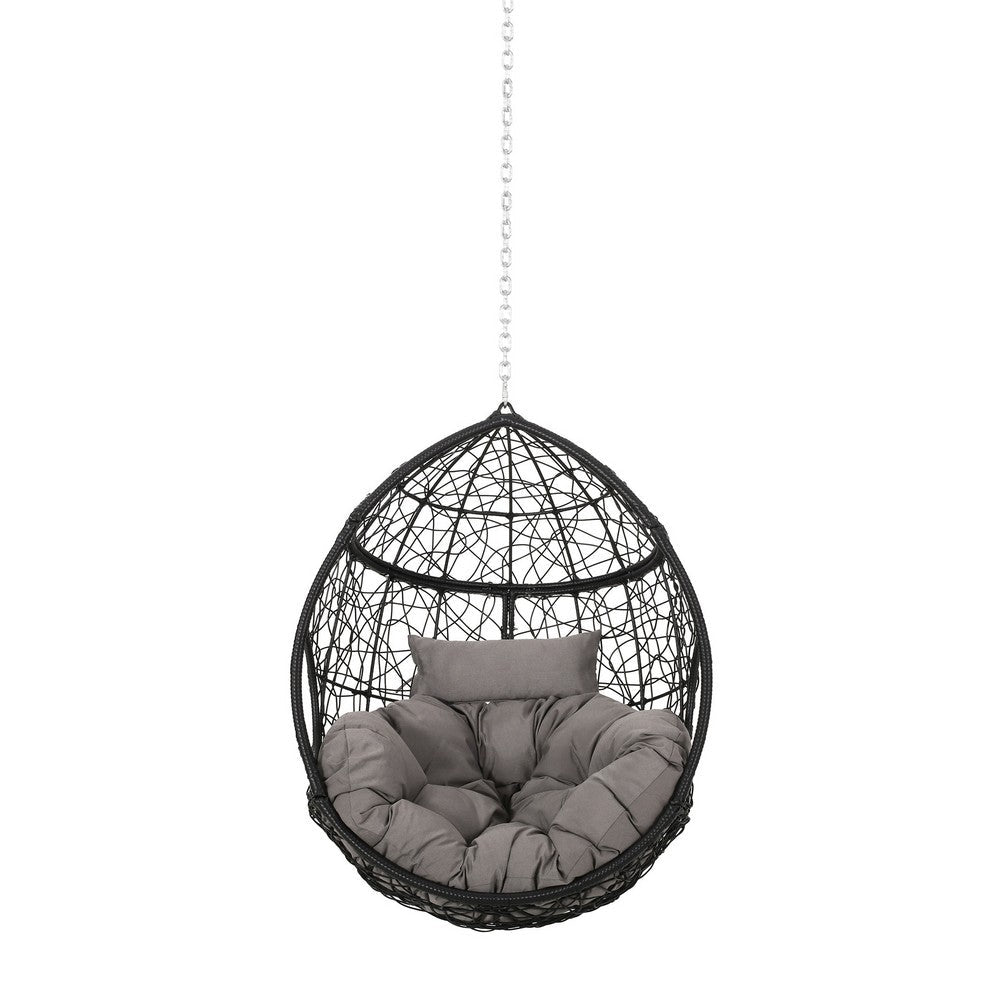 Benjara Castic Outdoor Hanging Chair, 46 Inch Rattan Frame, Black Iron, Gray