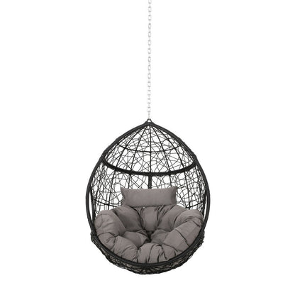Benjara Castic Outdoor Hanging Chair, 46 Inch Rattan Frame, Black Iron, Gray