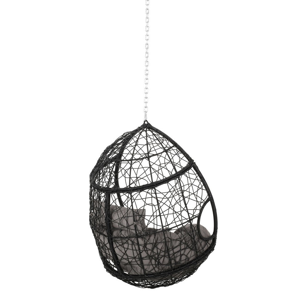 Benjara Castic Outdoor Hanging Chair, 46 Inch Rattan Frame, Black Iron, Gray