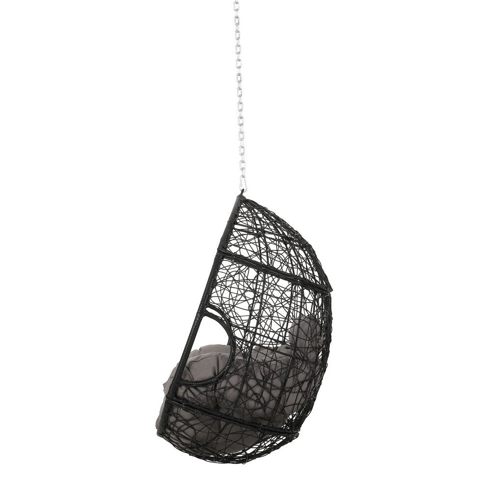 Benjara Castic Outdoor Hanging Chair, 46 Inch Rattan Frame, Black Iron, Gray