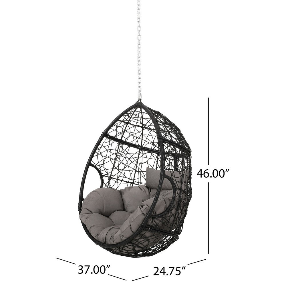 Benjara Castic Outdoor Hanging Chair, 46 Inch Rattan Frame, Black Iron, Gray