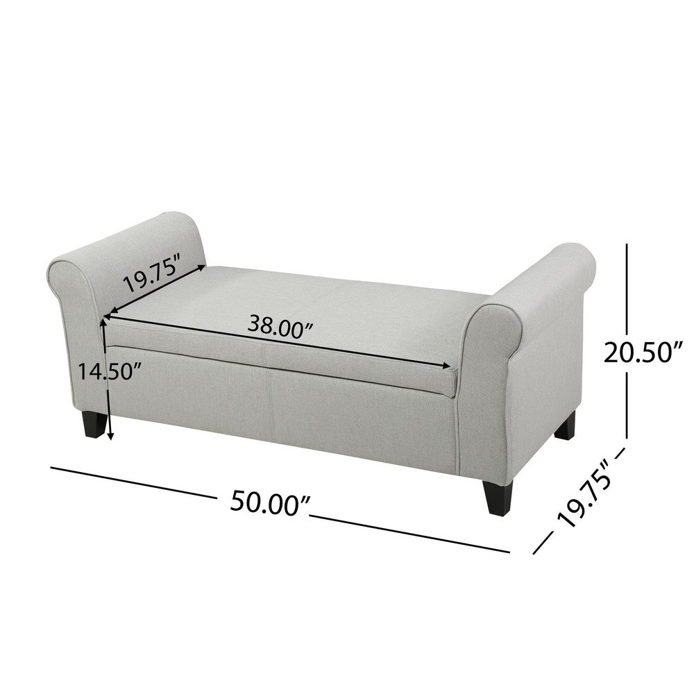 Benjara Jacob Bench with Rolled Arms, 50 Inch, Lift Storage, Light Gray