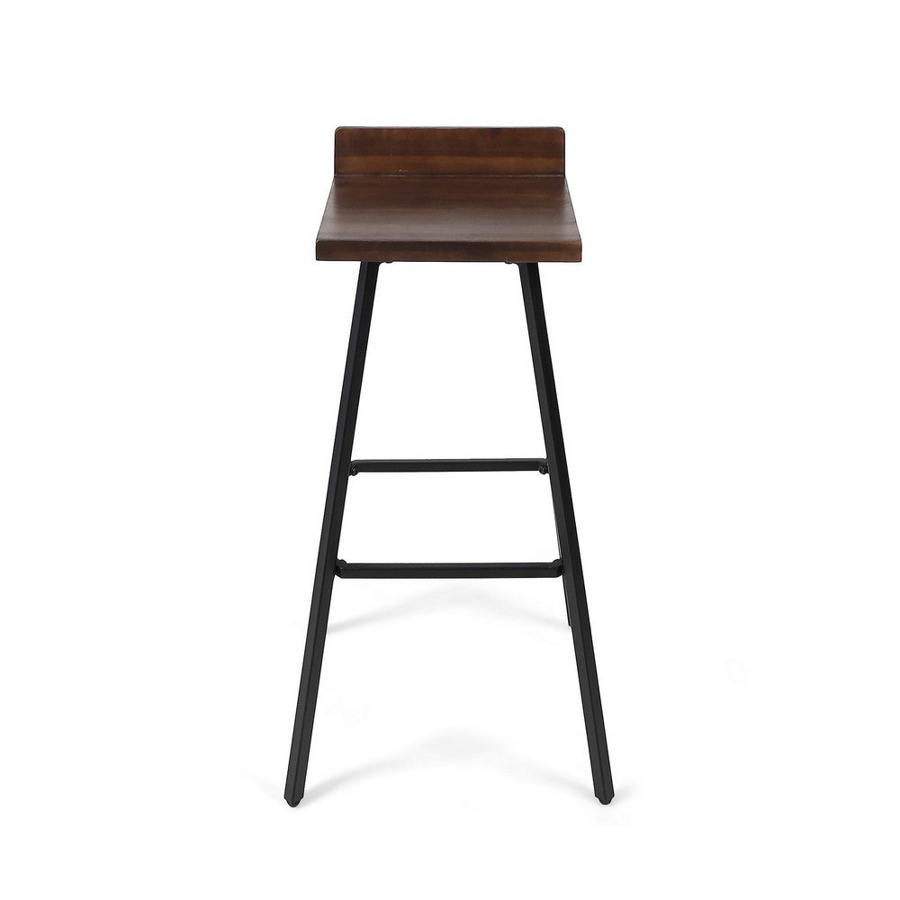 Benjara Barstool Chair Set of 2, Brown Acacia Wood, Black Angled Iron Legs