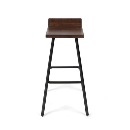 Benjara Barstool Chair Set of 2, Brown Acacia Wood, Black Angled Iron Legs