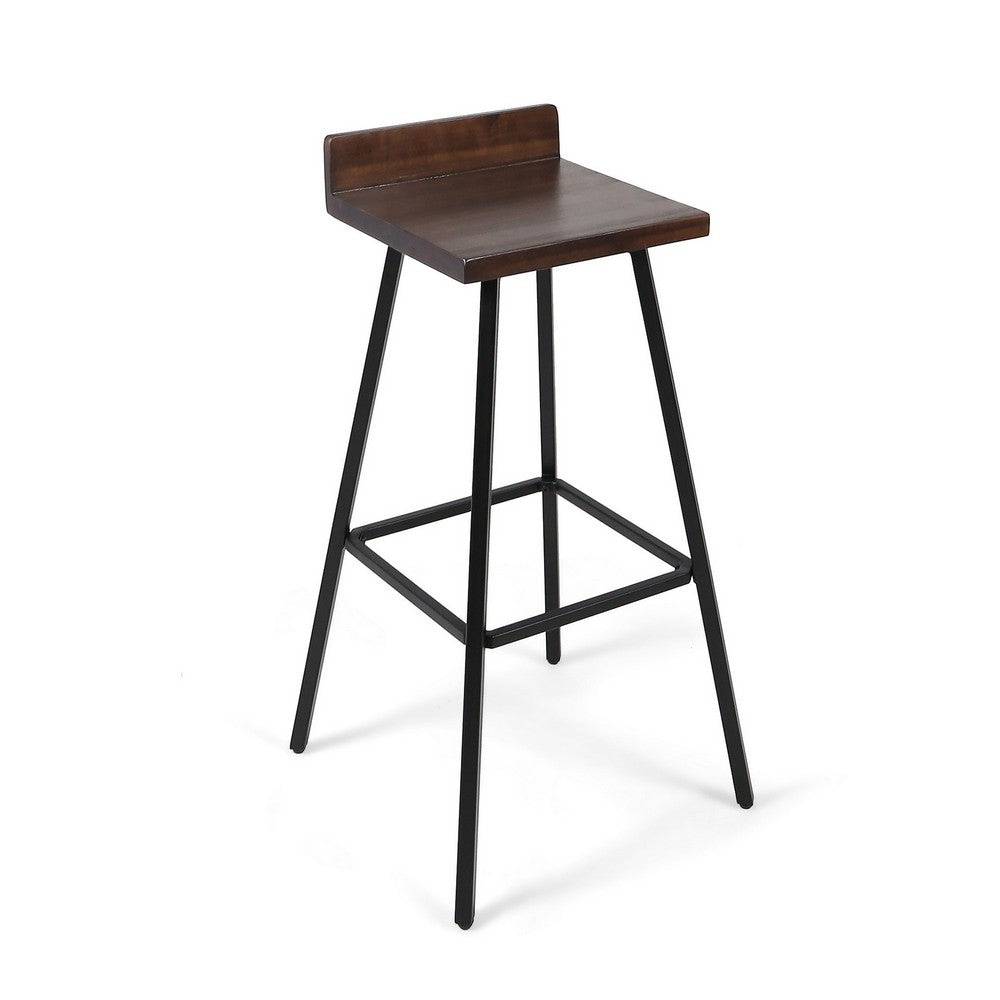 Benjara Barstool Chair Set of 2, Brown Acacia Wood, Black Angled Iron Legs