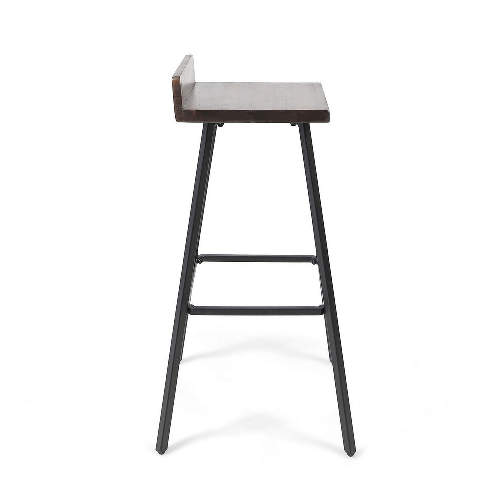 Benjara Barstool Chair Set of 2, Brown Acacia Wood, Black Angled Iron Legs