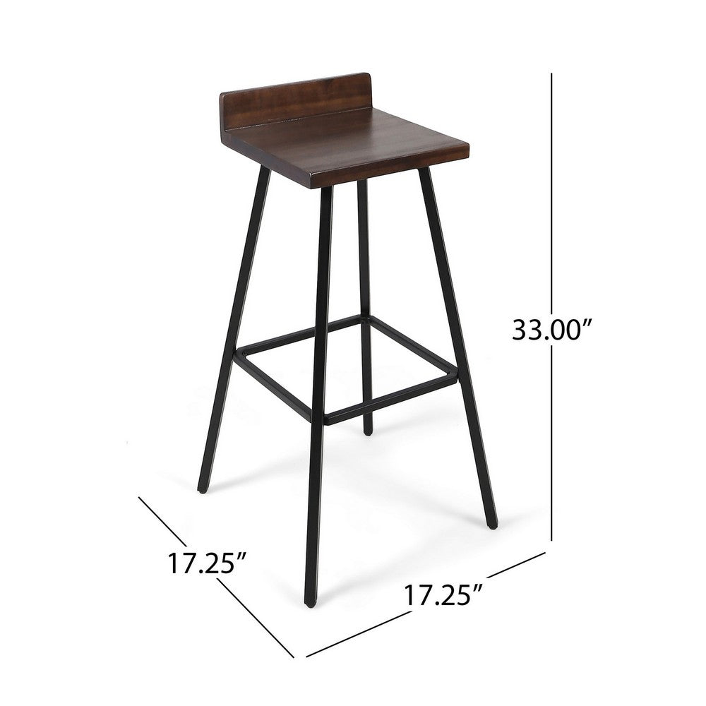 Benjara Barstool Chair Set of 2, Brown Acacia Wood, Black Angled Iron Legs