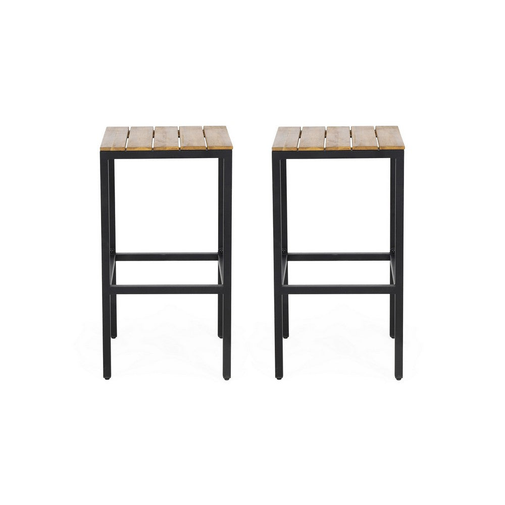 Benjara Barstool Set of 2, Straight Legs, Brown Acacia Wood, Black Iron Legs