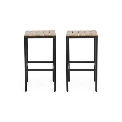 Benjara Barstool Set of 2, Straight Legs, Brown Acacia Wood, Black Iron Legs