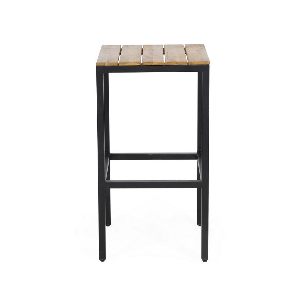 Benjara Barstool Set of 2, Straight Legs, Brown Acacia Wood, Black Iron Legs