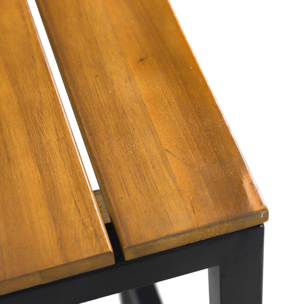 Benjara Barstool Set of 2, Straight Legs, Brown Acacia Wood, Black Iron Legs