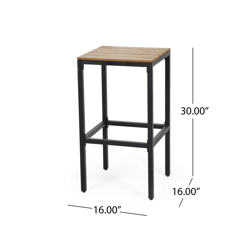 Benjara Barstool Set of 2, Straight Legs, Brown Acacia Wood, Black Iron Legs
