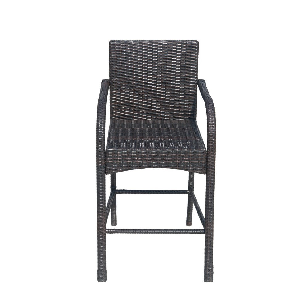 Benjara Outdoor Barstool Chair Set of 2, Gray Woven Faux Rattan, Iron Frame