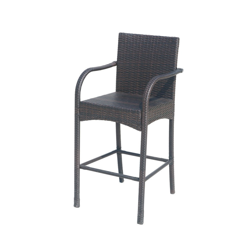 Benjara Outdoor Barstool Chair Set of 2, Gray Woven Faux Rattan, Iron Frame