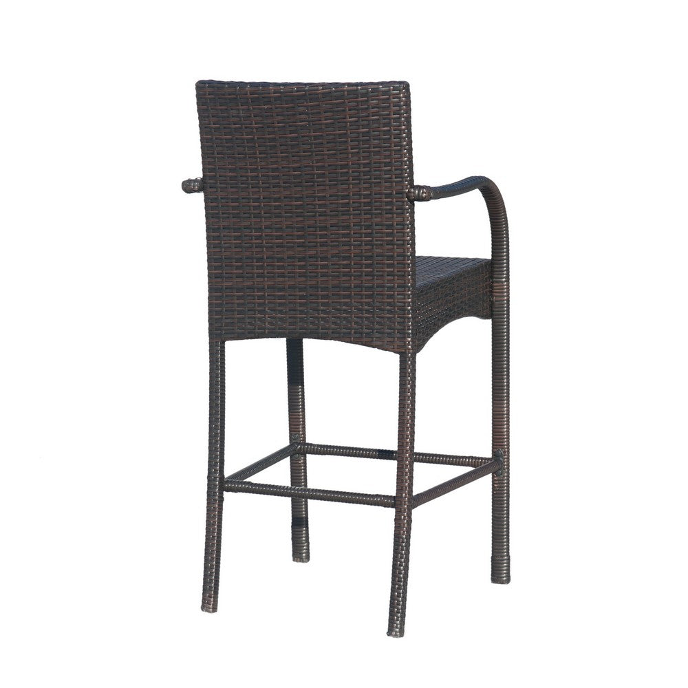 Benjara Outdoor Barstool Chair Set of 2, Gray Woven Faux Rattan, Iron Frame