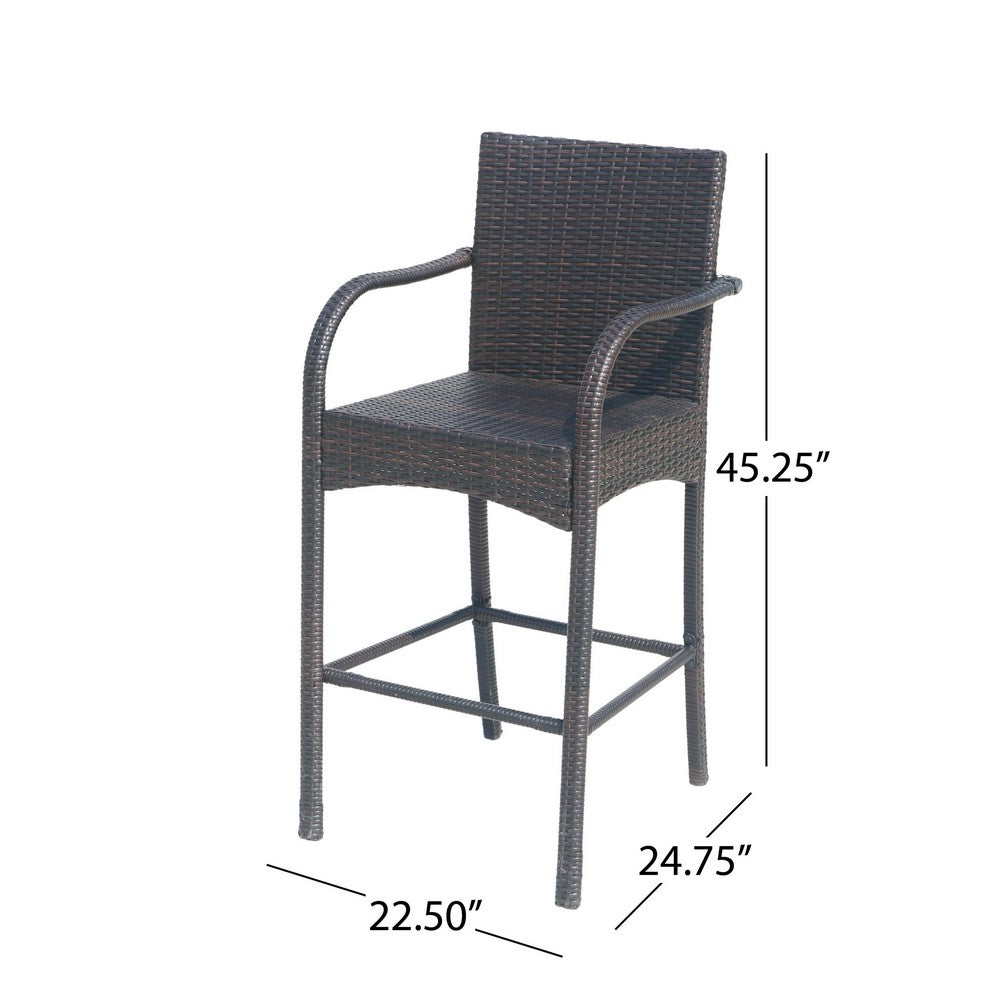Benjara Outdoor Barstool Chair Set of 2, Gray Woven Faux Rattan, Iron Frame